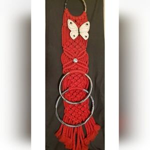 Vintage  Macrame Towel Holder Red, Marbled Holders,  White Ceramic Butterfly